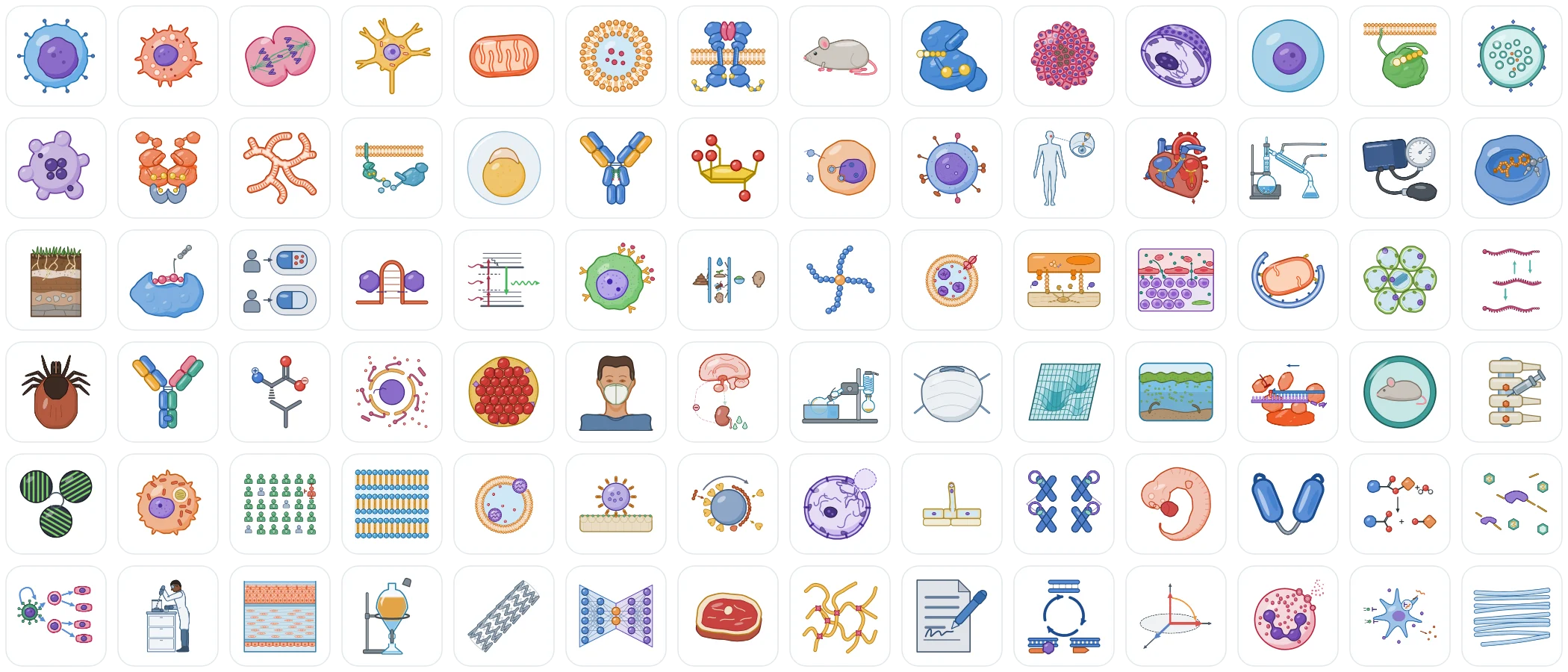 A sample of BioGein icons: cells, organelles, proteins, antibodies, animals, organs, lab equipment and more